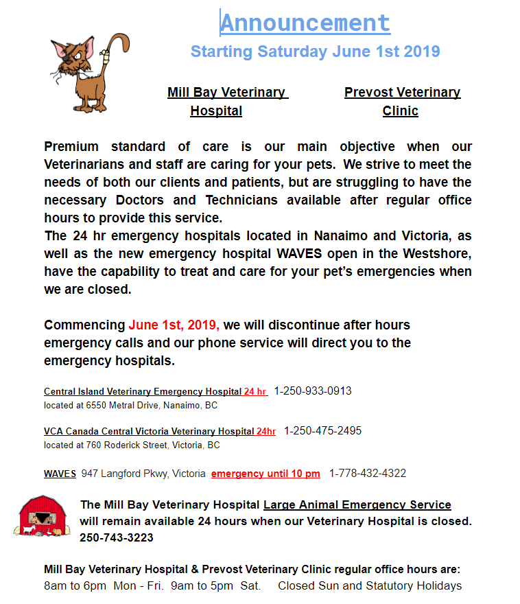 Important Notice for our After Hours/On Call Service - Mill Bay Veterinary  Hospital